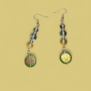 Czech Pressed Glass Citrine And Fluorite Beaded Earrings